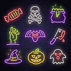 Big set icon neon sign. Happy Halloween. Neon sign, bright signboard, light banner.  © mar1koff