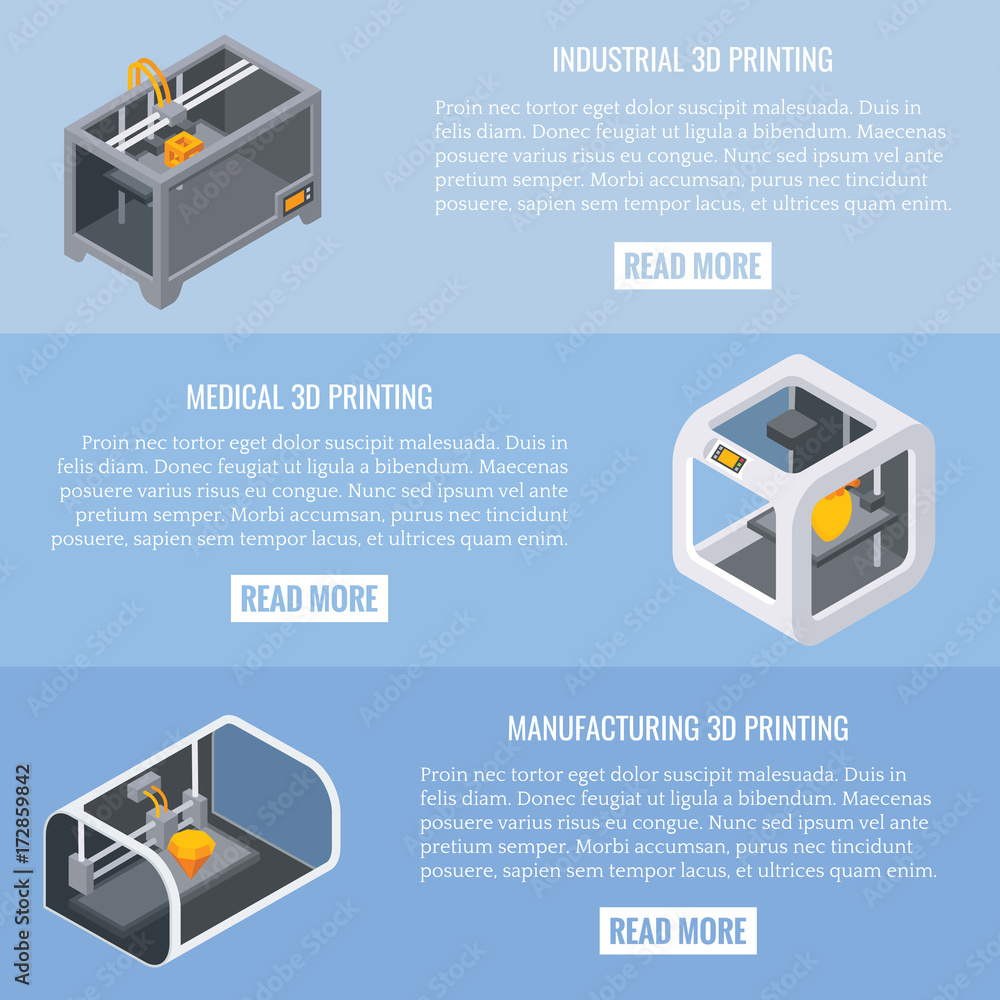 Poster 3d printing applications concept vector horizontal banner set