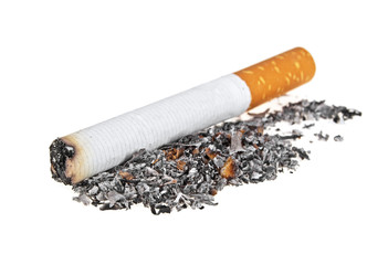 Cigarette butt with ash isolated on a white background