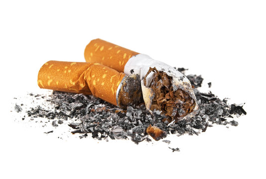 Two cigarette butts with ash isolated on a white background