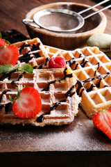 Belgian waffles with strawberries and raspberries, homemade heal