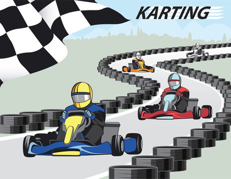 Karting. Leader pulls forward on the track for karts. Kart competition. / Competition, Championship, Winner. Flat design, vector illustration