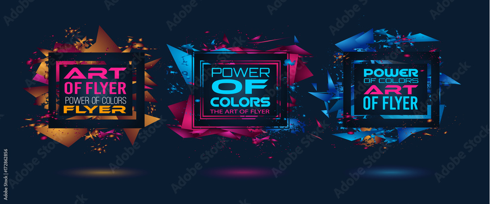Poster futuristic frame art design with abstract shapes and drops of colors behind the space