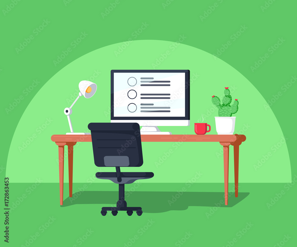 Poster office workspace or line designer workspace with desktop computer. vector illustration.