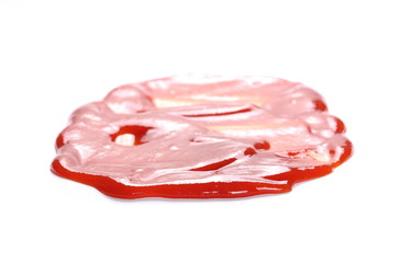 red ketchup splashes isolated on white background, tomato pure texture