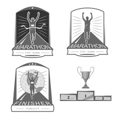 a set of emblems, shortcuts and icons for the design of the sport. there is a marathon, a sprint, a mass race. White background .
