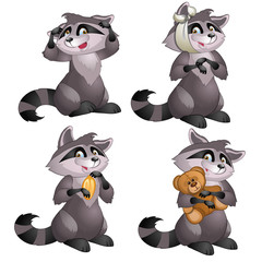 Funny raccoon, another one with bandage on head, with nut and with toy bear - 4 images of character. Funny animals for animation, childrens illustrations, book and other design needs. Vector isolated
