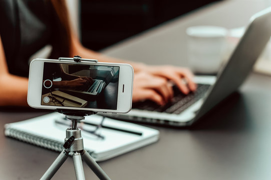 Woman Vlogger Recording A Video.