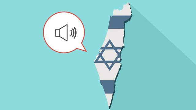 Animation of a long shadow Israel map with its flag and a comic balloon with a speaker volume sign