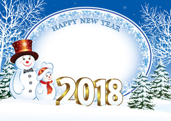Happy New Year 2018.Snowmen at an advertising poster on the background of winter 