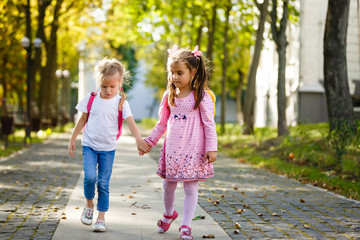 Two beautiful girlfriends girls go to school by the hand. Back to school