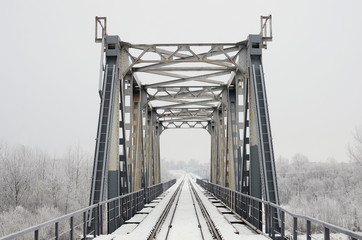 Railroad bridge among the frosted trees on a cold gloomy winter day. Front view.
