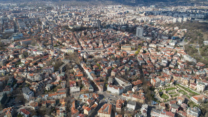 Beautiful cityscape over Varna city, Bulgaria. Panoramic aerial view.