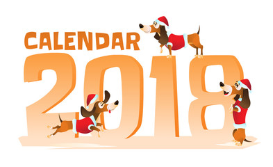 Cartoon brown dachshund in Santa's hat and red jacket in different poses. Hand drawn vector illustration for Christmas and Happy New Year 2018 isolated on white background.