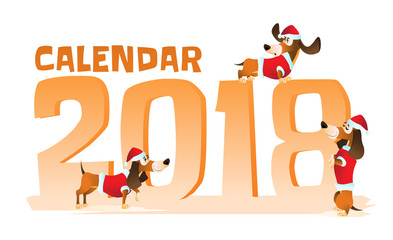 Fototapeta premium Cartoon brown dachshund in Santa's hat and red jacket in different poses. Hand drawn vector illustration for Christmas and Happy New Year 2018 isolated on white background.