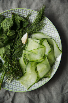 Closeup of ingredients of cucumber salad