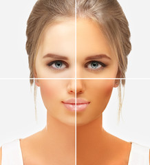 Beauty visual about suntan. Model's face divided in parts - tanned and natural.Different tones of tan