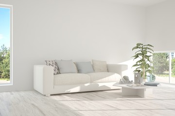 Idea of white room with sofa and summer landscape in window. Scandinavian interior design. 3D illustration