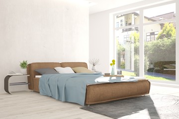 Inspiration of white minimalist  bedroom with summer landscape in window. Scandinavian interior design. 3D illustration