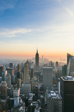 View of New York City at sunset with copy space.