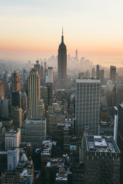 View of New York City at sunset. Cityscape