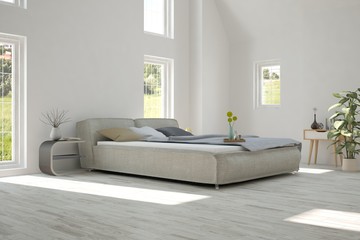 Inspiration of white minimalist  bedroom with summer landscape in window. Scandinavian interior design. 3D illustration