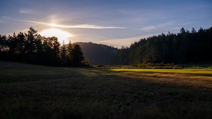 Obraz premium Sunrise over grass fields