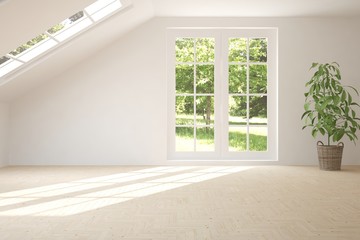 White empty room with summer landscape in window. Scandinavian interior design. 3D illustration