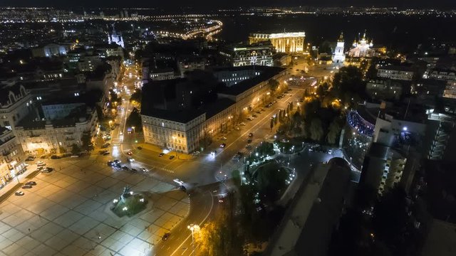 Kiev city center aerial sightseeing. Central part of the Ukrainian capital with many historical buildings and srteets