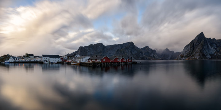 Waterfront of Norwegian village in mountains