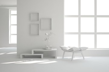 Idea of white minimalist room with chair. Scandinavian interior design. 3D illustration