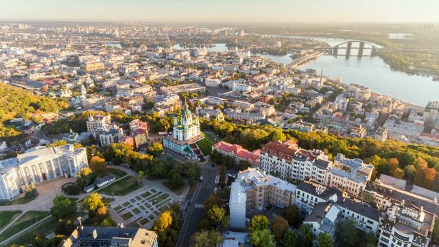 Aerial hyperlapse of Kiev old town at sunrise. Kiev, Ukraine.