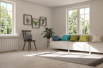 Naklejka na ściany i meble Idea of white room with sofa and summer landscape in window. Scandinavian interior design. 3D illustration