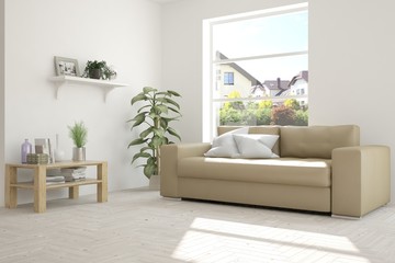 Idea of white room with sofa and summer landscape in window. Scandinavian interior design. 3D illustration