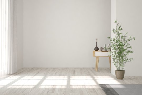 Idea of white empty room with green flower. Scandinavian interior design. 3D illustration