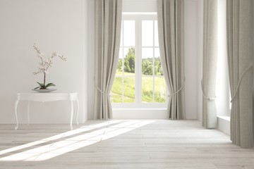 Obraz na płótnie Canvas Inspiration of white empty room with summer landscape in window. Scandinavian interior design. 3D illustration