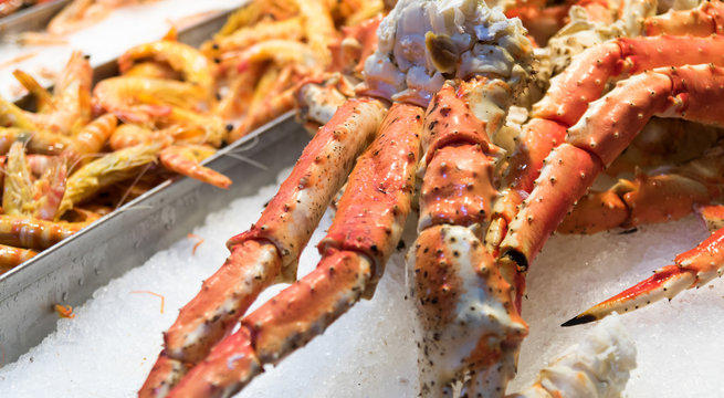 fresh crab legs on ice among shrimps at spanish fish market