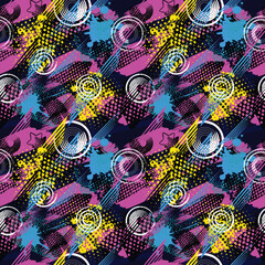 Abstract seamless pattern for girls, boys, clothes. Creative vector background with dots, geometric figures,stripes inscriptions.Funny wallpaper for textile and fabric. Fashion style. Colorful bright. - obrazy, fototapety, plakaty