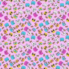 Abstract seamless pattern for girls, boys, clothes. Creative vector background with cat, glasses, eyes, mustache.Funny wallpaper for textile and fabric. Fashion style. Colorful bright.