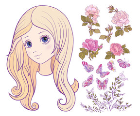 Girl with colored long hair with set of rose, butterfly and bran