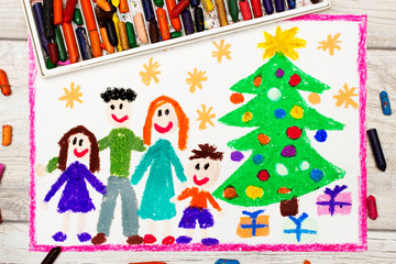Obraz na płótnie Canvas Photo of colorful drawing: Happy family and Christmas tree