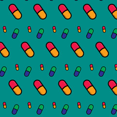 Vector seamless pattern with Pills tablets in line style.