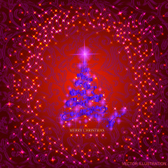 Abstract red background with christmas tree and stars. Illustration in blue and green colors. Vector illustration.