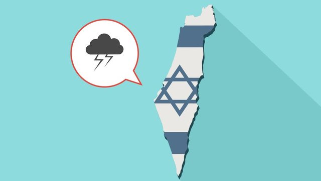 Animation of a long shadow Israel map with its flag and a comic balloon with a stormy cloud