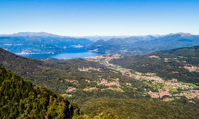 Aerial view of San Martino Church, is situated on top of San Martino Mount at Duno, province of Varese, Italy.
