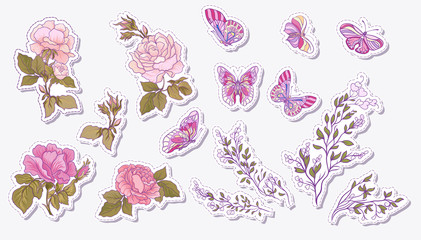 Sticker, patches elements, fashion patch badges with rose, butte