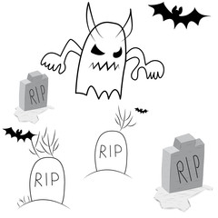 Halloween card with a cemetery, the grave ghost bats
