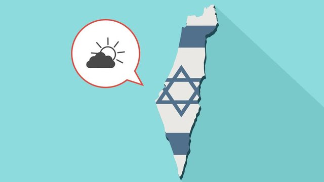 Animation of a long shadow Israel map with its flag and a comic balloon with a sun shining behind a cloud