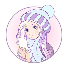 Young nice girl with long hear in winter hat and scarf make self