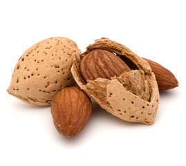 Almond nut in shell and shelled isolated on white background close up